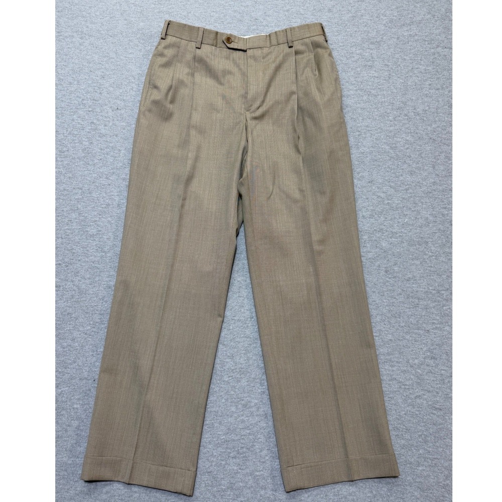 Brooks Brothers 346 Mens 34x30 Khaki Tan 100% Wool Pleated Cuffed Dress Pants